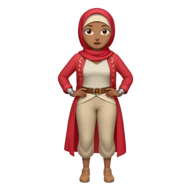 Heavy-set woman with medium-brown skin wearing a light red hijab, cream top, light red pants, tan shoes, and a visible gray pirate peg leg. Standing confidently with one hand on her hip sticker