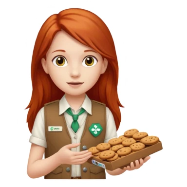 white girl scout with red long hair selling cookies with a brown Girl Scout vest and white shirt under vest. She should be around 10 years old sticker