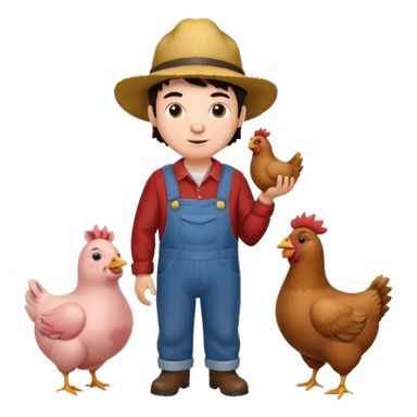 UN HOMBRE VESTIDO DE GRANJERO PIEL CLARA Y PELO OSCURO CON UNA GALLINA UN CERDO Y UNA VACA ALREDEDOR sticker