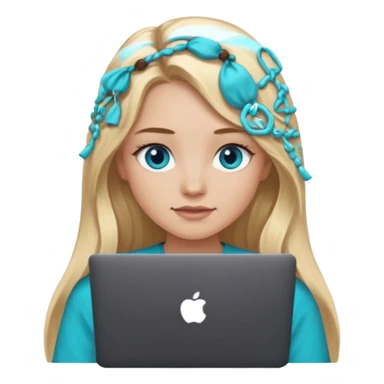 blonde long hair girl using macbook emoji. she has blue eyes and dark coffee shirt with Teal coloured accesory sticker