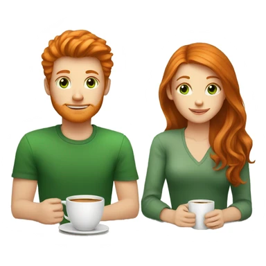 ginger hair girl and brown eyes and brunette boy with green eyes having a coffe sticker