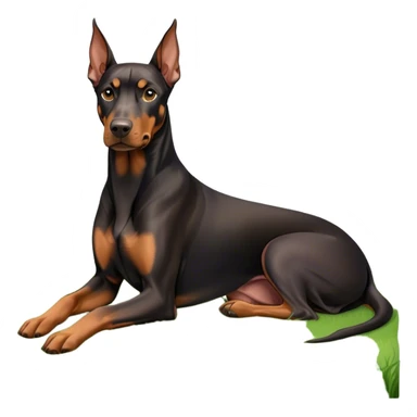 Close-up of a Doberman Pinscher sitting on lush green grass, looking alert and majestic. The background features a beautiful, serene nature view with rolling hills and bright blue skies. The dog’s sleek black and tan coat shines under the sun. Transparent background. sticker