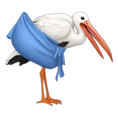 White stork carrying a blue bundle of cloth in its beak that has a human baby with dark hair and the baby face and head is peeking from the cloths bundle the strok is carrying with its beak sticker