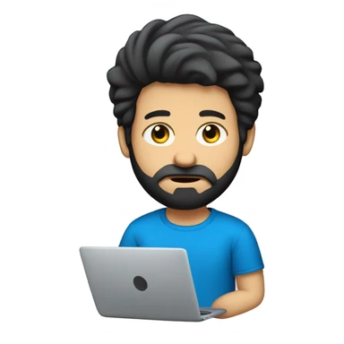 white guy with beard black hair big nose thin face typing in laptop wearing blue t-shirt sticker