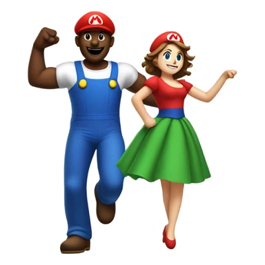 Black man with giant Mario costume head dancing with brunette girl sticker