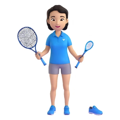 light brown skinned tennis coach, short straight black hair with widow's peak, oval face, small eyes, smiling, holding blue Yonex racket, wearing navy blue dry fit shirt sticker
