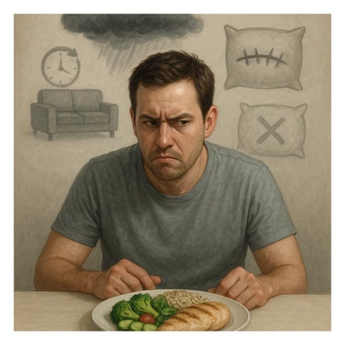 Realistic style illustration of a 30-year-old man sitting at a table, looking suspiciously at a plate of vegetables, brown rice, and chicken. Behind him, transparent and blurred symbolic elements: a storm above the head representing stress, a sewn mouth representing repressed emotions, a pillow with an X representing insomnia, and a sofa with a clock spinning representing sedentariness. Neutral atmosphere, realistic and symbolic style. sticker