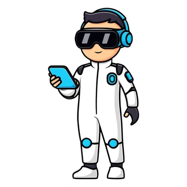 Futuristic human wearing sleek jumpsuit with tech gadgets, augmented reality glasses, and glowing accents sticker