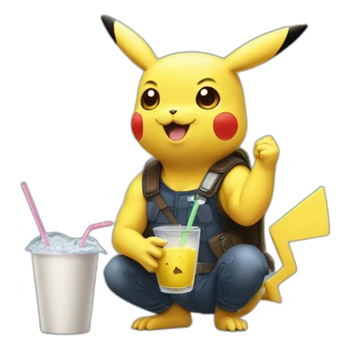 Pikachu drinks wich elon musk sticker