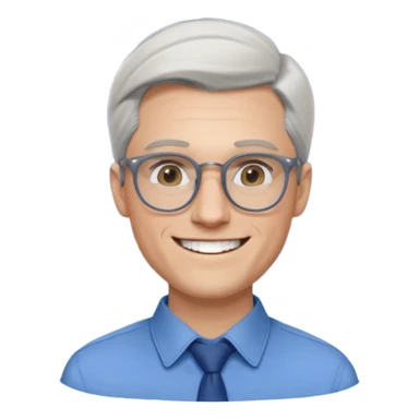 30 yr old pale white man, white/grey side swept stylish hair, round glasses, big smile, white teeth, handsome, longer hair, thin glasses, blue dress shirt sticker