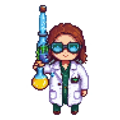 chemist in lab coat with chemical goggles holding a test tube, background with a board of chemical elements, pixel art style, no text sticker
