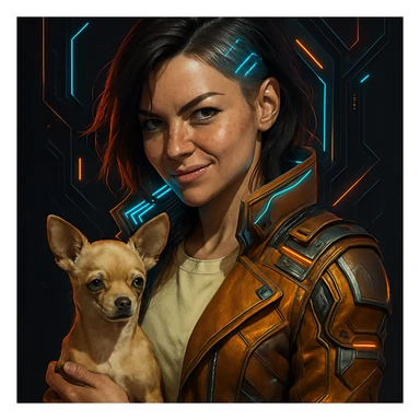 Portrait of a woman with tanned skin and subtle freckles, wearing a shirt in color #FFF8CA and a cognac jacket. She has medium-length brown hair with auburn highlights, a rebellious and playful expression. Futuristic style illustration with high-tech elements, metallic colors, and neon lights. She is holding a beige-brown chihuahua. Dark background. sticker