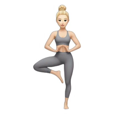 Pale skinned fit woman In a gray tight yoga suit and wristbands With ash blonde hair in a bun doing yoga sticker