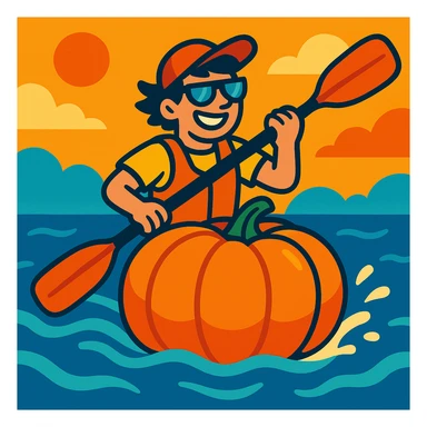 a kayaker riding a floating pumpkin on water, fun and adventurous, vibrant toon style, bright and lively sticker