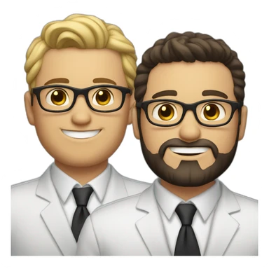 two groom, one with a dark beard and glasses and the other beardless with light hair and white skin sticker