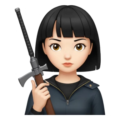 Hace un emoji de una chica de pelo corto negro y fleco finito , con un arma  sticker
