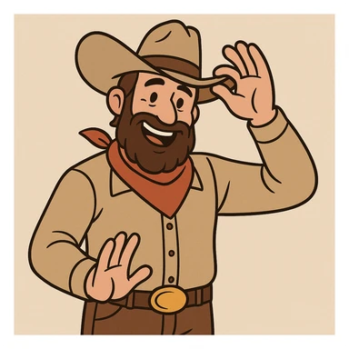 bearded cowboy greeting with hat, cartoon style sticker