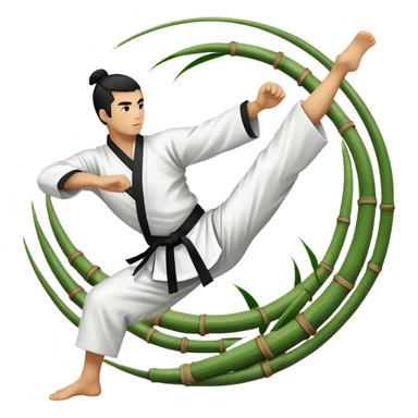 An icon symbolizing Eastern martial arts in the style of an emblem, featuring a black-and-white Yin-Yang symbol at the center. A martial artist is performing a fluid kick, surrounded by elements like a dojo and bamboo. Transparent background highlights balance and harmony. sticker