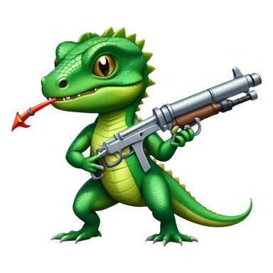 A lizard with a mini gun holding a sword in its mouth sticker