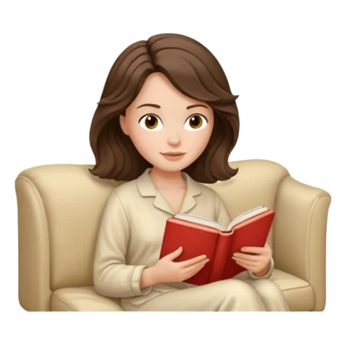 Woman with brunette hair reading on sofa. Soft wavy hair. Beige ivory pyjamas  sticker