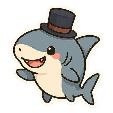 a fun and whimsical shark wearing a top hat, playful and cute character, chibi stickers style sticker