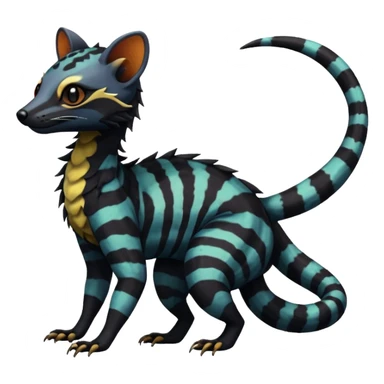 Rare warm-colored exotic edgy epic aesthetic spooky dark modern colorful cyber-Genet-Trico-Salandit-Civet-species-Fakemon-hybrid-creature, with beautiful intricate markings, full body sticker