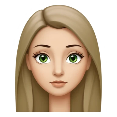 Adult woman avatar, light skin tone, oval face, long straight ashy brown hair, green almond-shaped eyes with dramatic eyelashes and minimal eyeliner, neutral mouth, medium straight eyebrows, small nose, smooth skin sticker