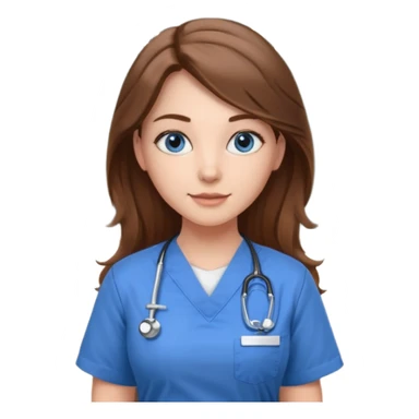 university classroom that says nursing school on the board with a pretty female nursing student with long brown hair, blue eyes sticker