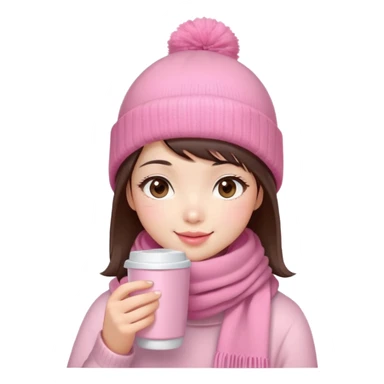 Cute East Asian girl, soft fair skin, big brown eyes, long lashes, natural pink lips, inward brown bob with straight bangs. Wearing pink beanie and scarf, rosy cheeks, shy smile, holding warm drink, snow,  sticker