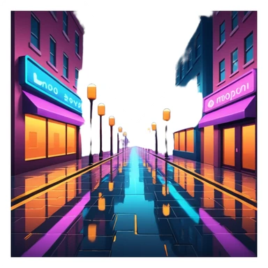 Empty neon-lit city streets glowing at night, white light reflecting sharply on wet pavement sticker