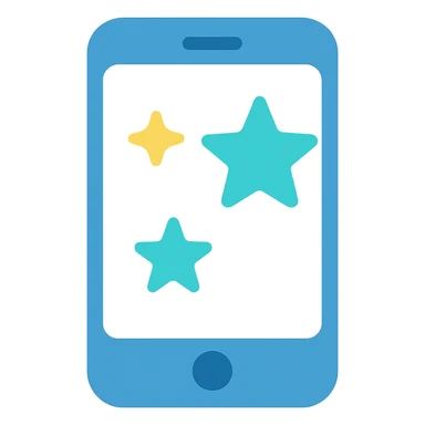 Smartphone icon with three stars, flat emoji style, outline with blue and turquoise colors, screen filled solid white sticker