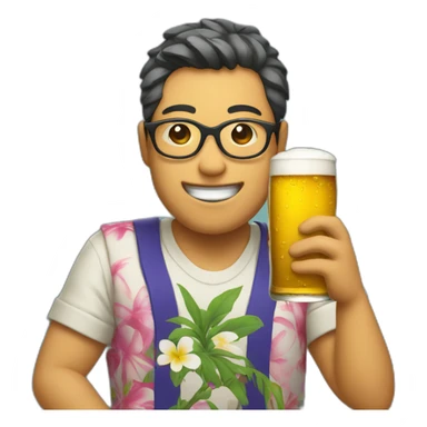 Japanese wearing glasses alohashirt is holding beer sticker