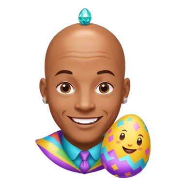 smiling bald African American man with diamond stud earrings popping out of an Easter egg sticker