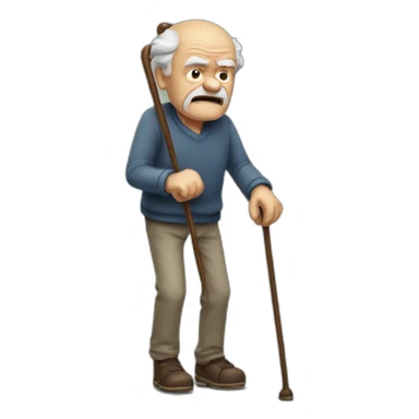 Old man leaning on a walking cane and holding his crancky back with his hand, grumpy face, detailed sticker