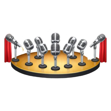 Create a vibrant and dynamic emoji that represents choral vocal performance. The design should feature 10 vintage stage microphones arranged in a semi-circle on a concert stage, symbolizing a vocal group or choir. Add musical notes flowing around the microphones to represent harmony and unity in the performance. Include concert lighting and a celebratory atmosphere to convey the excitement of live music. Use bright, bold colors like red, gold, and silver to emphasize the energy and glamour of the stage. The background should be transparent. sticker
