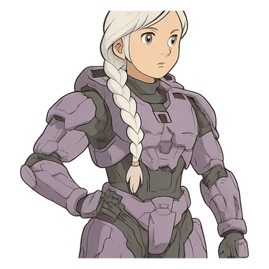 female, wearing reach spartan armor default, long white braid hair, gold yellow eyes, attention pose, halo series, no helmet, the armor is lavender color scheme and has no shoulder pad attachments sticker