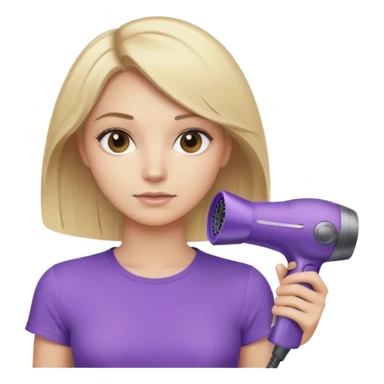blonde girl in beige top using a purple Dyson hair dryer, iOS emoji style sticker
