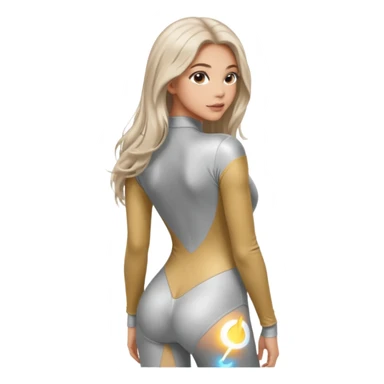 woman with light long hair in silver long-sleeve bodysuitlooking at the camera from back with sexy pose sticker