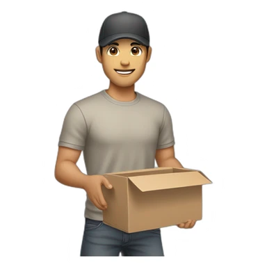 Tan skinned fit Man with black hair in a dark gray cap, gray jeans and beige polo T-shirt keeping a pasted box into his hands sticker