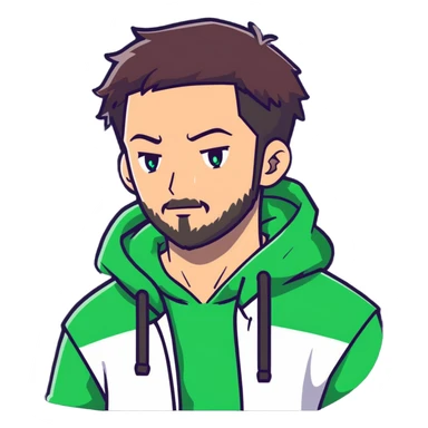anime style man with short full beard, dark brown undercut hairstyle, white hoodie, and green eyes sticker