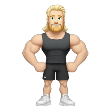 Full height Pale skinned fit man With Wide jaw, biceps and blonde hair In dark gray sleeveless mike, black oversize sports shorts, watch and white sneakers. his arms crossed over his chest sticker