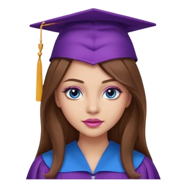 girl with gorgeous long brown hair, blue eyes, long lashes makeup, sexy pink lips, wearing a purple graduation cap and gown sticker