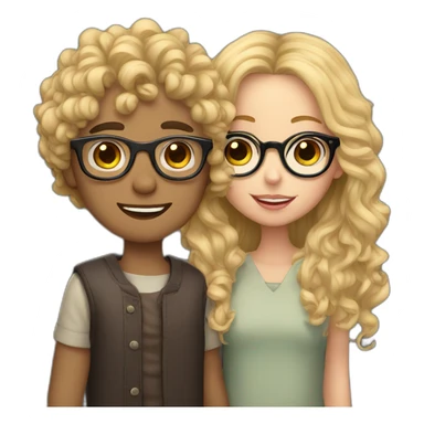 Boy curly blonde hair and glasses kissing girl wavy black hair and glasses sticker
