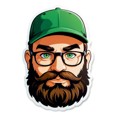 A man with a baseball cap, green eyes, big beard and glasses sticker