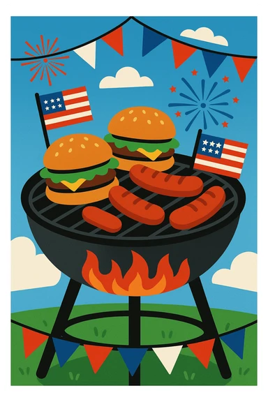 barbecue grill with burgers and hot dogs, 4th of July, summer, festive sticker