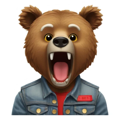 grizzly bear wearing sleeveless jean jacket and red headband with open mouth sticker