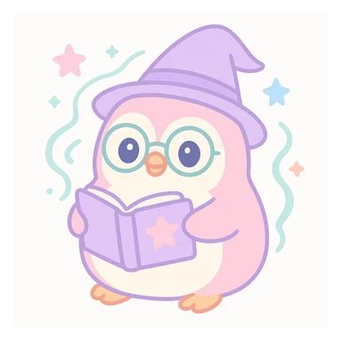 a chubby penguin wizard with glasses, holding an open spellbook, magical aura around sticker