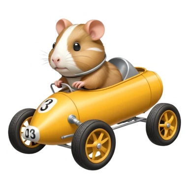 Special air-cooled three-cylinder race car whose frame and suspension is made of shopping cart material with a large rear-mounted gas tank, and rear spoiler, is being piloted by a small Guinea pig sticker