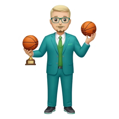 Full Body white male plus size wearing glasses with a goatee with light blonde and gray very short hair happy basketball head Coach in blue and green suit holding trophy sticker