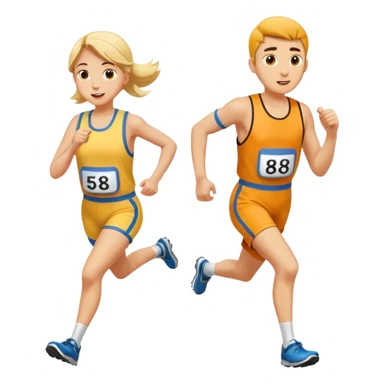 A man and a woman competing in a footrace, wearing bib numbers sticker